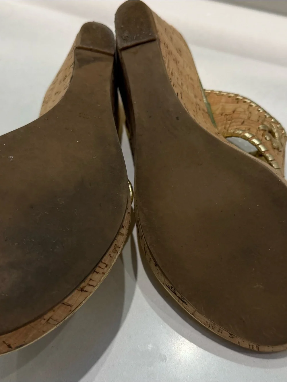 Metallic Gold Cork Wedge Sandals with Floral Accent